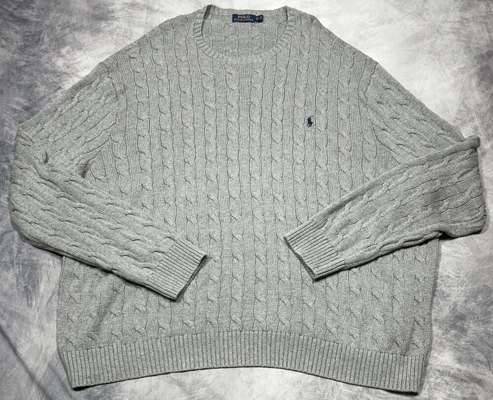 Polo Ralph Lauren Sweater Mens Big 5X Gray Cable Knit Crewneck Cotton Pullover